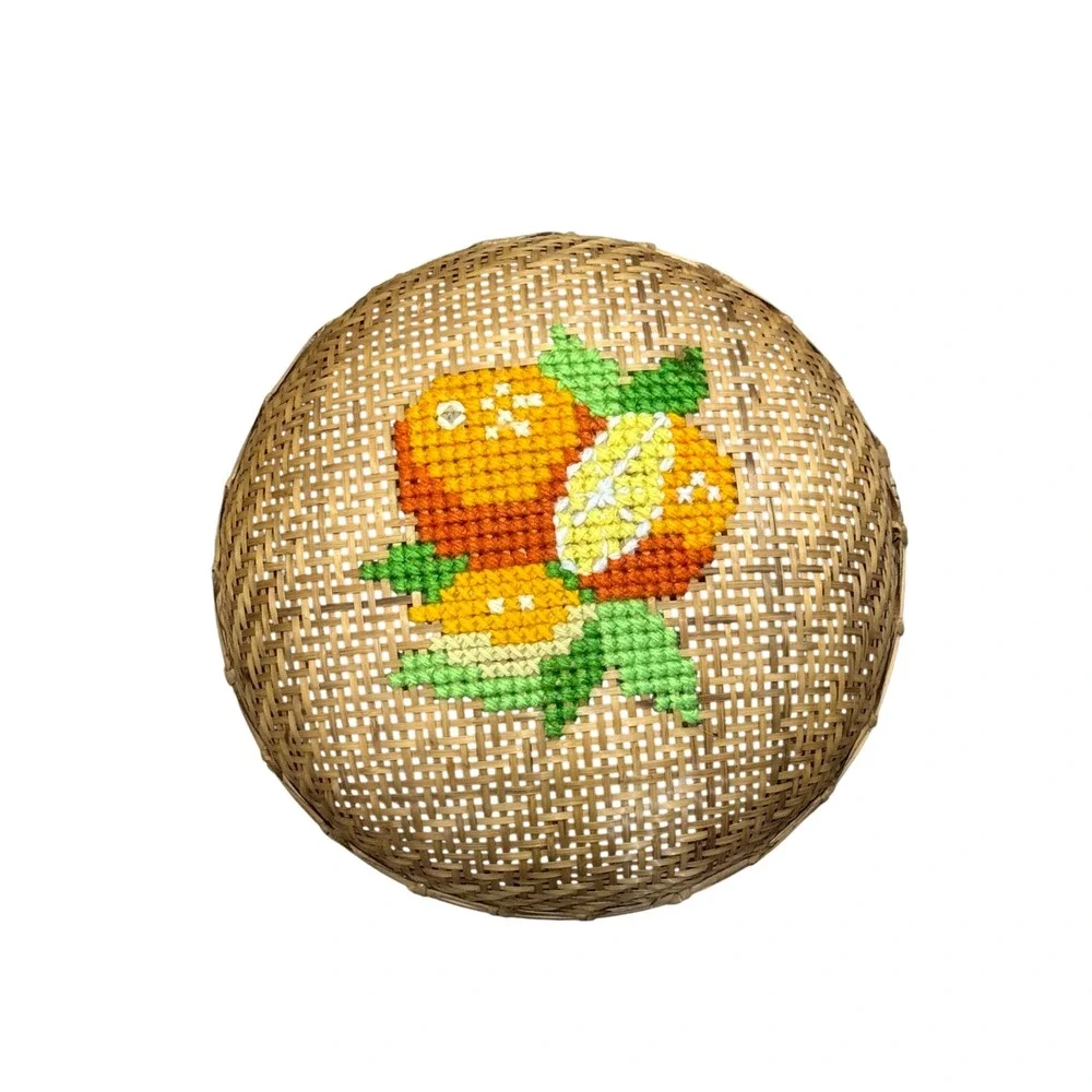 Vintage Woven Rattan Basket Yarn Embroidered Floral Folk Art Boho Wall Decor